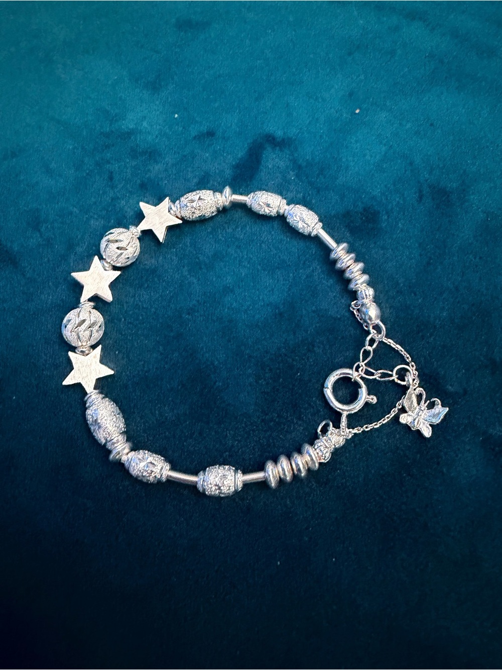 🥀Sterling Silver Star & Bead Bracelet w/Safety chain & extension butterfly charm
